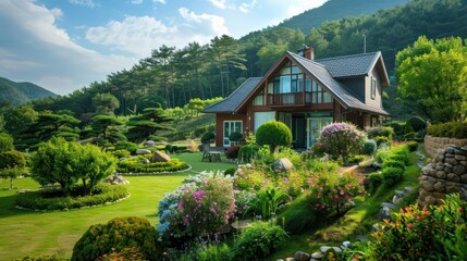 a house with a beautiful and spacious garden and clear skies