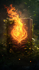 Enchanted fiery book in a dark dense forest - The image illustrates an ancient-looking tome spewing flames, settled in the heart of an evocative, dense forest - obrazy, fototapety, plakaty