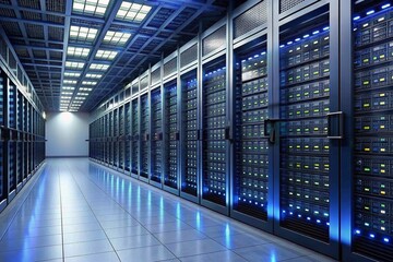 Server racks in computer network security server room data center 3D render dark blue