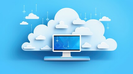 icon of cloud over a computer with white blank display,papercut. generative ai
