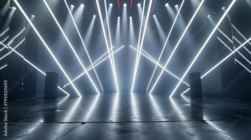 Poster a large, empty stage with a bright blue light shining down on it. the stage is empty and the lights 