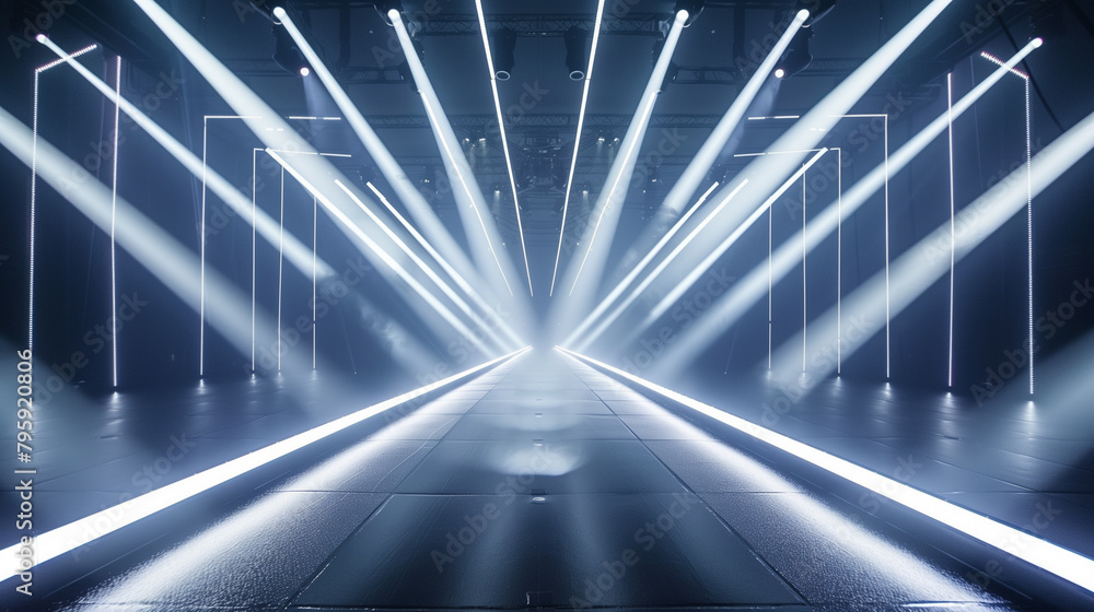 Poster a large, empty stage with a bright blue light shining down on it. the stage is empty and the lights 
