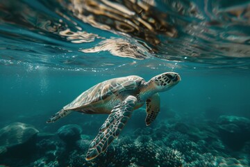 Fototapeta premium Sea turtle swimming in coral reef underwater.