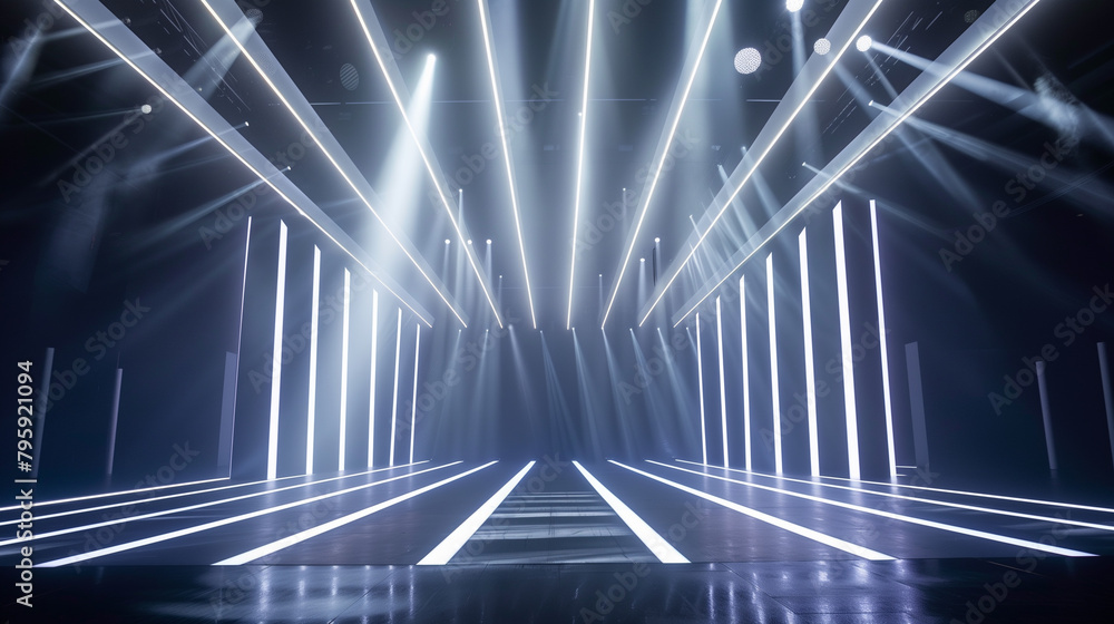 Poster a large, empty stage with a bright blue light shining down on it. the stage is empty and the lights 