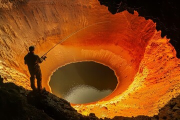 man with fishing rod in space red and orange crater