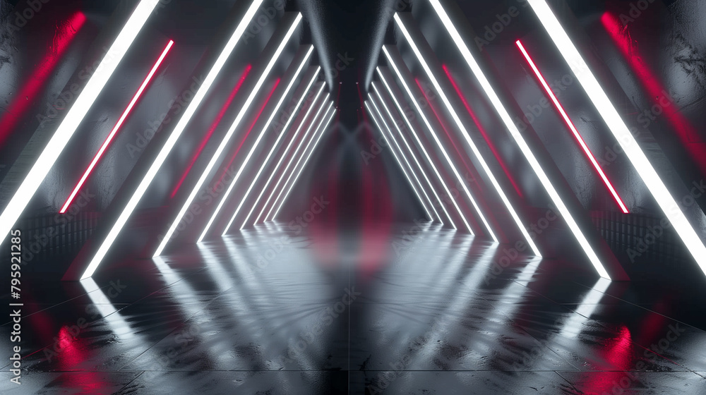 Poster a large, empty stage with a bright blue light shining down on it. the stage is empty and the lights 