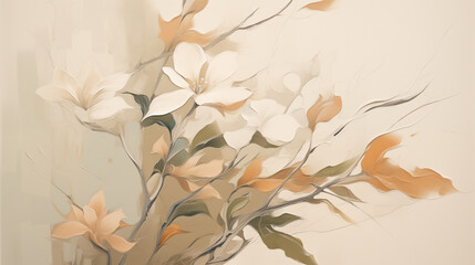 abstract art; Botanical Illustrations in a painting with Olive Green, Pastel Peach, and Warm Beige colors