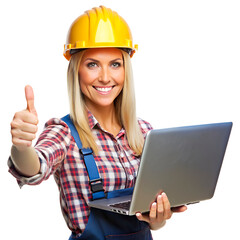  Engineer blondie woman holding a laptop and thumbs up  on the transparent background.
