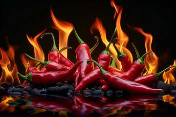 Hot chilli peppers on a black background in the form of flames.