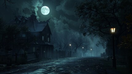 3D illustration of a Halloween concept background of realistic horror house and creepy street with moonlight. hyper realistic  - obrazy, fototapety, plakaty