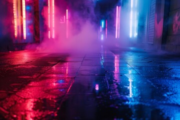 Neon lights and smoke on wet street