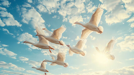 A flock of white geese flying in the sky