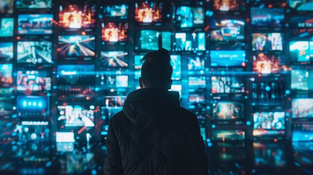 A person using a streaming service, like Netflix or Spotify, which uses AI algorithms to suggest movies, TV shows, or songs based on their viewing and listening history hyper realistic 