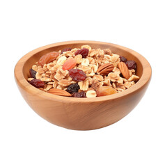 granola breakfast in wooden bowl isolated on white background