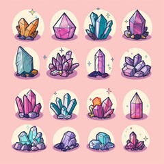 Geometric crystals form with the precision of a handdrawn illustration set, kawaii