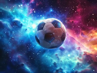 Graphic arts representation of a soccer ball in a cosmic setting for banner, poster, or flyer