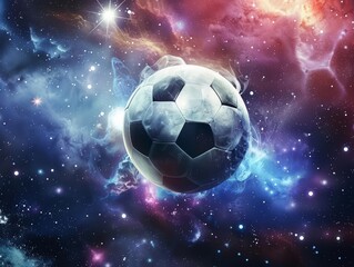 Graphic arts representation of a soccer ball in a cosmic setting for banner, poster, or flyer