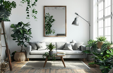 A bright living room with white walls, light grey floor and plants. A large mirror is mounted on the wall near the window