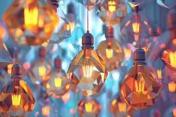 Illustrate a futuristic interpretation of light bulbs arranged in a geometric lowpoly style - Powered by Adobe