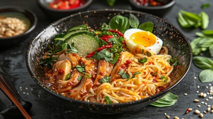 Bowl of noodles with egg and veggies