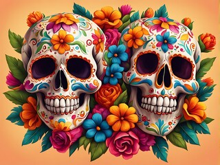  Painted colourful Cinco de Mayo skulls in a vibrant Mexican style with a bouquet of traditional flower designs. 