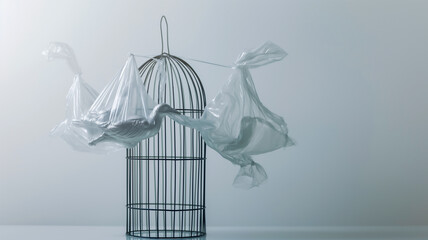 Conceptual art of bird shape plastic bags in a cage, symbolizing environmental issues.