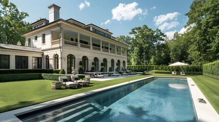 In the exclusive Hamptons, New York, a Mediterranean-inspired villa boasts a sprawling garden, private beach access, an outdoor pool, and a manicured lawn. - obrazy, fototapety, plakaty