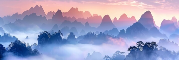 Peaks clad in mist stand majestic against the dawn sky, their rugged silhouettes a quiet promise of adventure and discovery, background concept