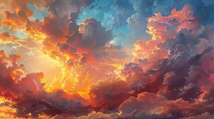 Sunset painting with clouds and boat on water