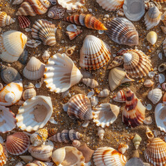 Seamless pattern of shells on sandy beach