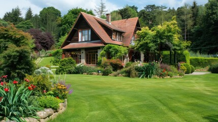 a house with a beautiful and spacious garden and clear skies