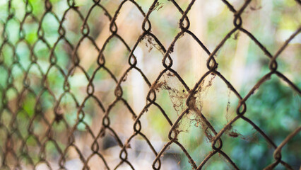 Fototapeta premium Old rusty chain link fence in the garden. Selective focus.