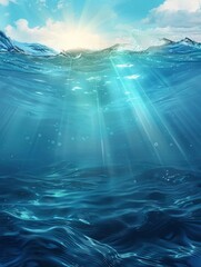 ocean blue underwater waves with sun beam clear view realistic, world oceans day banner vertical with copy space - generative ai
