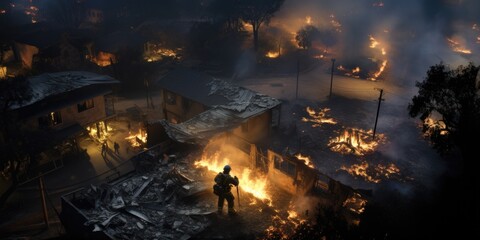 A man stands in front of a fire while surrounded by firefighters and members of the press. - obrazy, fototapety, plakaty