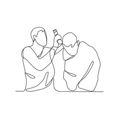 One continuous line drawing of people doing praying during Hajj month. People using ihram for hajj pray activity in simple linear style design concept. Islamic hajj day design vector illustration. 