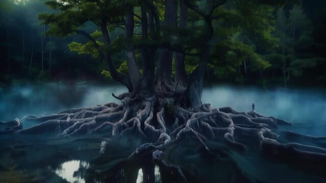 Ancient gnarled roots of primordial tree burst from mist-shrouded lake surface. Air filled with whispers of forest's ancient wisdom. 