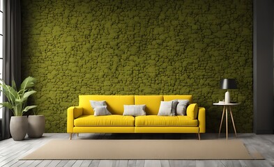 Mock up room with moss brick wall and yellow sofa 3d illustration rendering