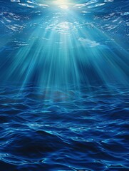 ocean blue underwater waves with sun beam clear view realistic, world oceans day banner vertical with copy space - generative ai