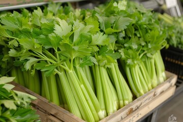 Fresh celery on wooden crates at the market