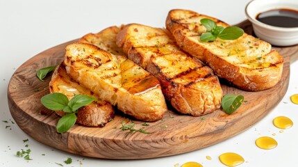 Bread slices wooden plate sauce
