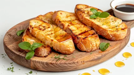 Gordijnen Bread slices wooden plate sauce © 2rogan