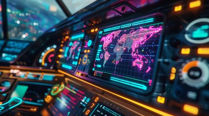 Fototapeta premium The neonlit dashboard of a delivery drone shows a dynamic map of global shipping routes pulsating with data