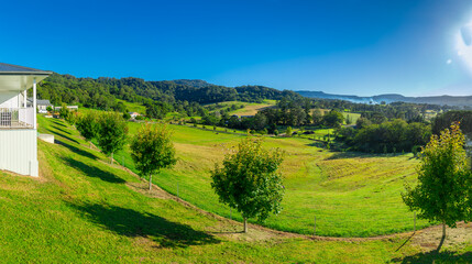 Panoramic views of farm land in rural area near Bowral in NSW Southern Highlands Australia