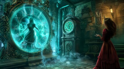 Time seems to stretch and warp as the woman stands in front of the clock, a spectral figure hovering behind her, whispering secrets of the future