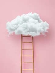 Minimalist pink ladder with a single cloud - A single ladder leading to a cloud symbolizes aspiration and solitary pursuit against a plain pink background