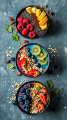 Fototapeta na wymiar Assorted fruits with granola on acai bowls - A variety of fresh fruits and granola served on vibrant acai bowls for a healthy, colorful breakfast or snack