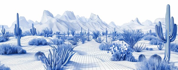 Desert landscape with dunes and cacti in wireframe