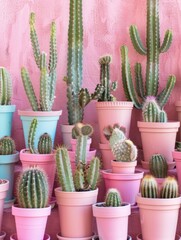 Bright cacti collection in colorful pots - A vibrant image showcasing a diverse selection of cacti in individually colored pots against a pink wall