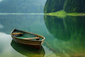 Green boat on calm lake water surrounded by forest