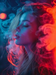 Colorful smoke swirling around a blurred face - An artistic image capturing vibrant colored smoke swirling in the air around a centrally placed, intentionally blurred face area